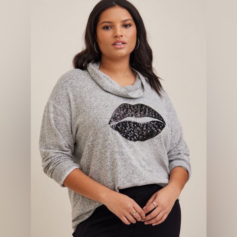 Grey Sequin Lips Plush Pullover w Cowl Neck